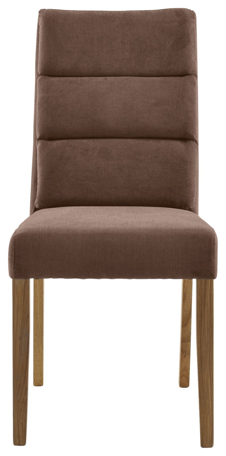 Brauner Stuhl mit gepolsterter Rückenlehne und Holzbeinen, Frontalansicht