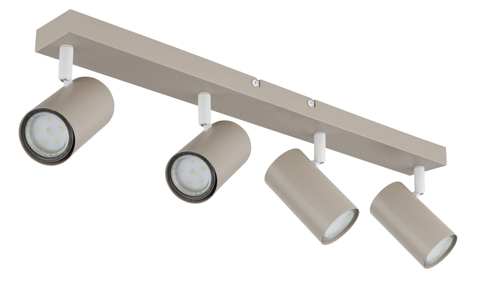 Moderner Deckenstrahler mit vier verstellbaren Leuchten in seitlicher Perspektive.