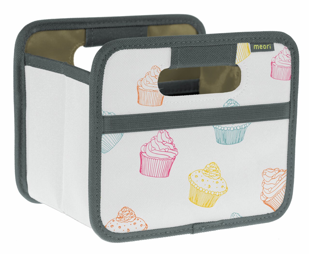 Faltbox Mini mit buntem Cupcake-Muster, seitliche Perspektive