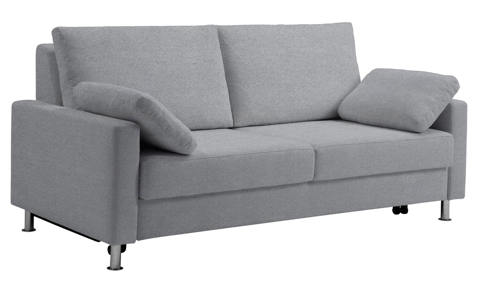 Graues Schlafsofa mit zwei Kissen, seitliche Perspektive