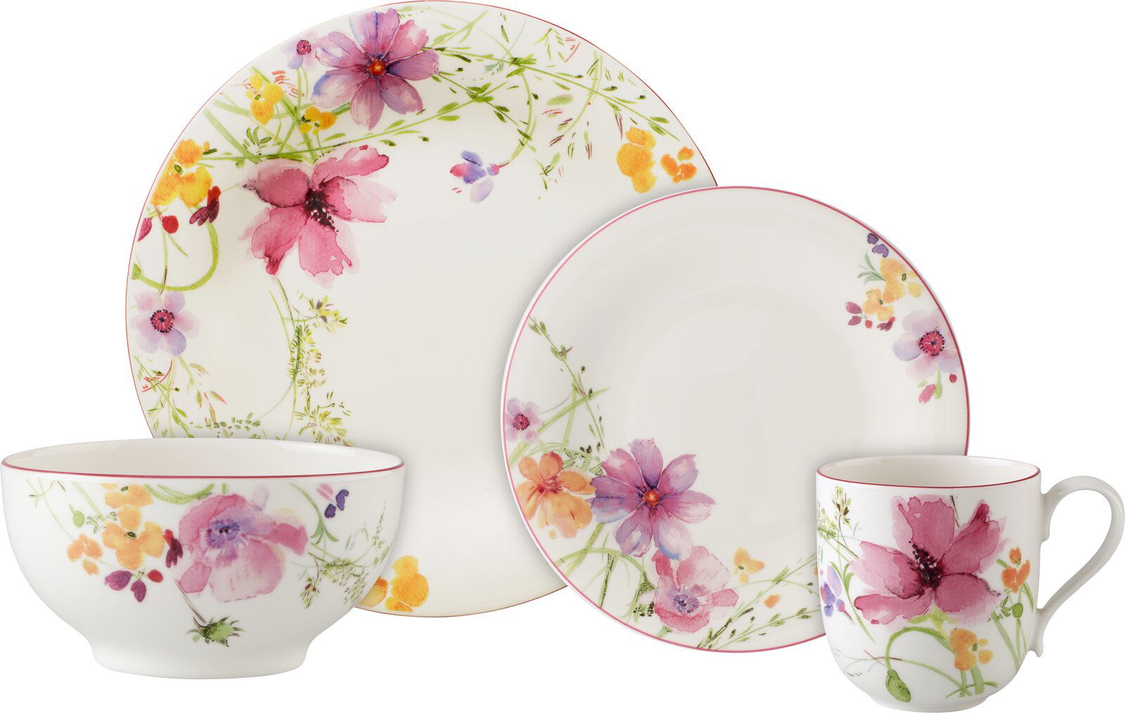 Vogelperspektive auf ein 8-teiliges Starter-Set Mariefleur mit floralem Design, bestehend aus einem großen Teller, einem kleinen Teller, einer Schale und einer Tasse.