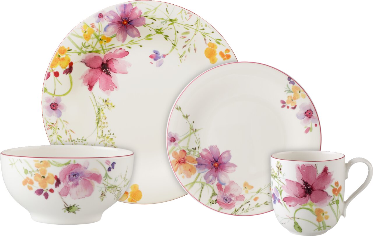 Vogelperspektive auf ein 8-teiliges Starter-Set Mariefleur mit floralem Design, bestehend aus einem großen Teller, einem kleinen Teller, einer Schale und einer Tasse.