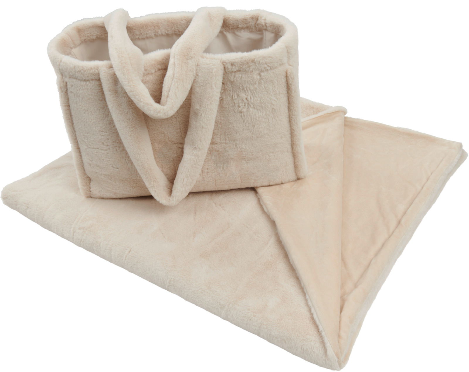 Kuschelset bestehend aus einer weichen, beigen Tragetasche und einer passenden Decke, von schräg oben fotografiert.