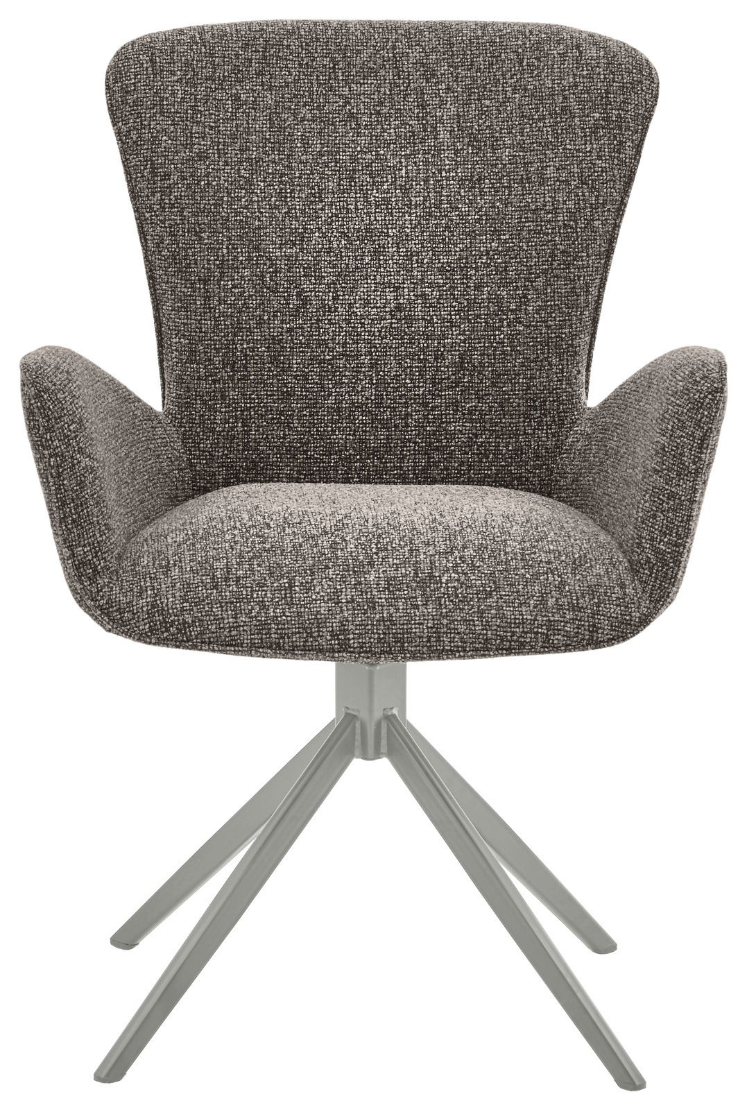 Grauer Armlehnstuhl mit Stoffbezug und Metallgestell, Frontalansicht