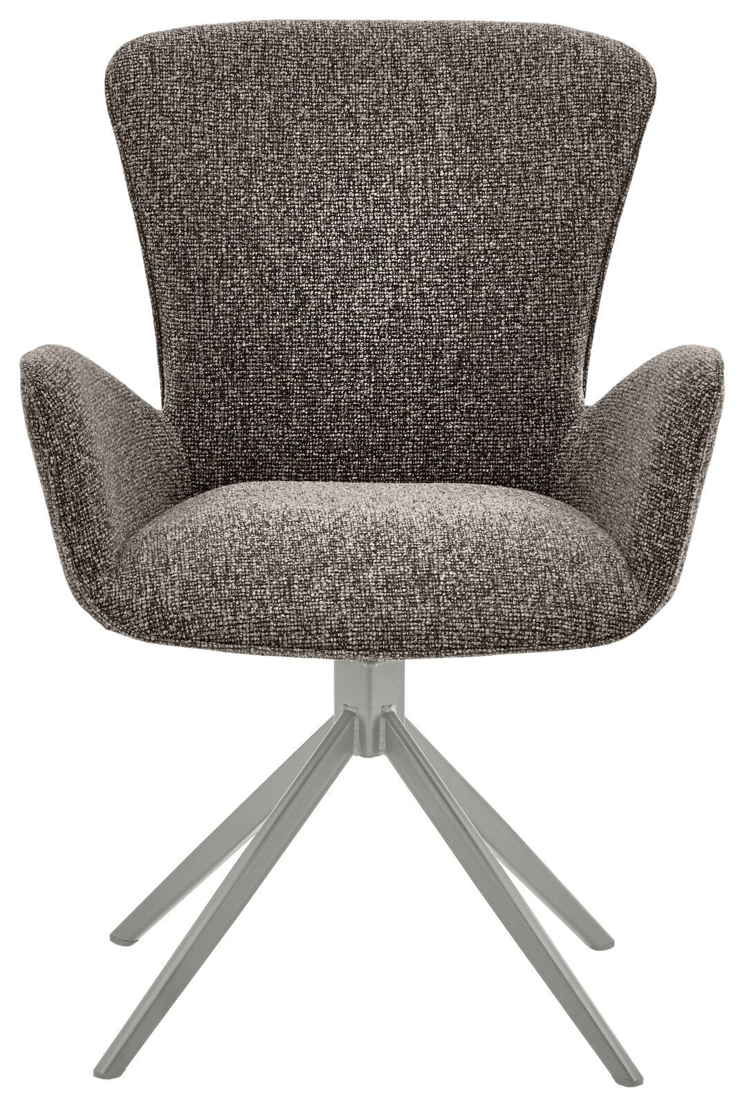 Grauer Armlehnstuhl mit Stoffbezug und Metallgestell, Frontalansicht