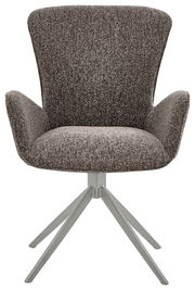 Grauer Armlehnstuhl mit Stoffbezug und Metallgestell, Frontalansicht