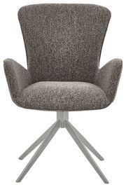 Grauer Armlehnstuhl mit Stoffbezug und Metallgestell, Frontalansicht