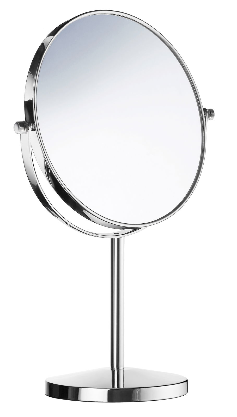 Standspiegel mit 7-facher Vergrößerung, seitliche Perspektive, silberner Rahmen und Standfuß.