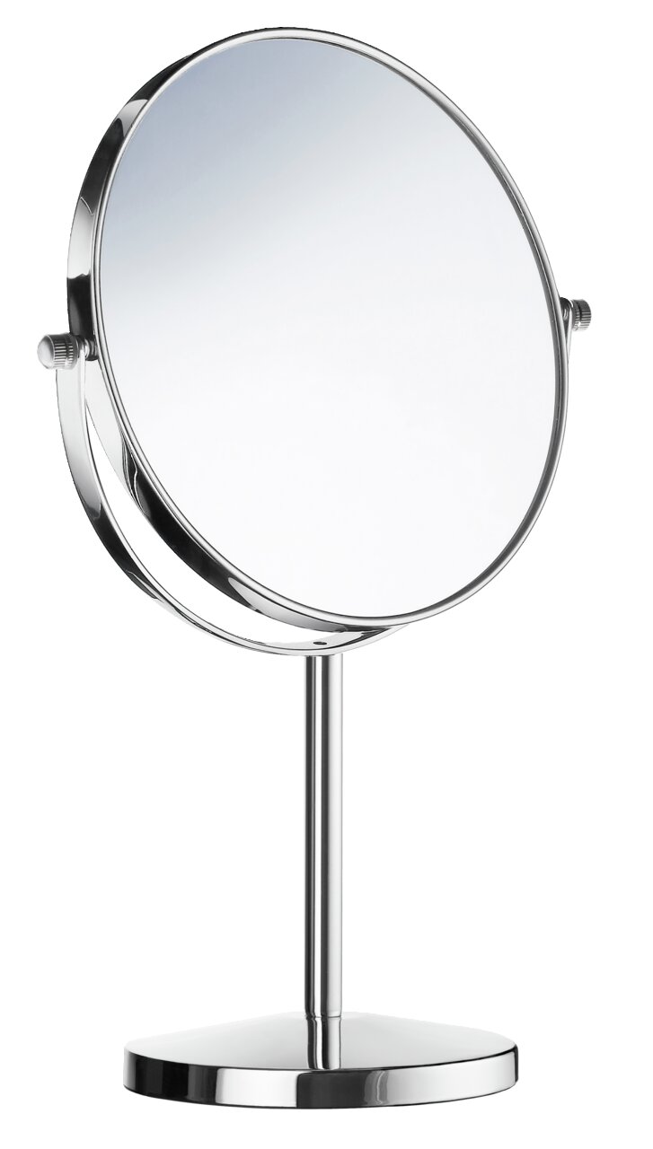 Standspiegel mit 7-facher Vergrößerung, seitliche Perspektive, silberner Rahmen und Standfuß.