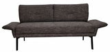 Graues Sofa mit zwei Kissen, frontal fotografiert, auf schwarzen Metallbeinen.