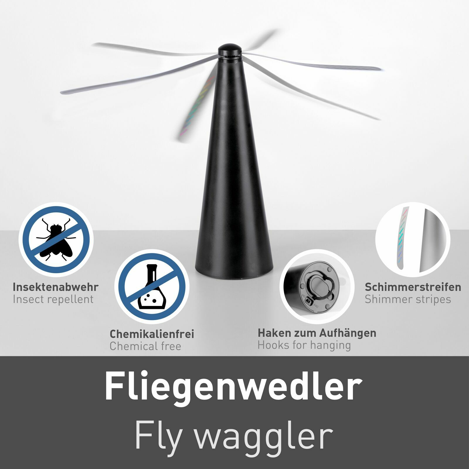 Fliegenwedler in schwarzer Kegelform mit rotierenden Flügeln, chemikalienfrei, mit Schimmerstreifen und Haken zum Aufhängen, seitliche Perspektive.