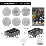 Set aus 6 runden Untersetzern mit verschiedenen Designs und einem Rezeptheft, zusammen mit zwei Eiswürfelformen für quadratische und runde Eiswürfel. Perspektive: Draufsicht.