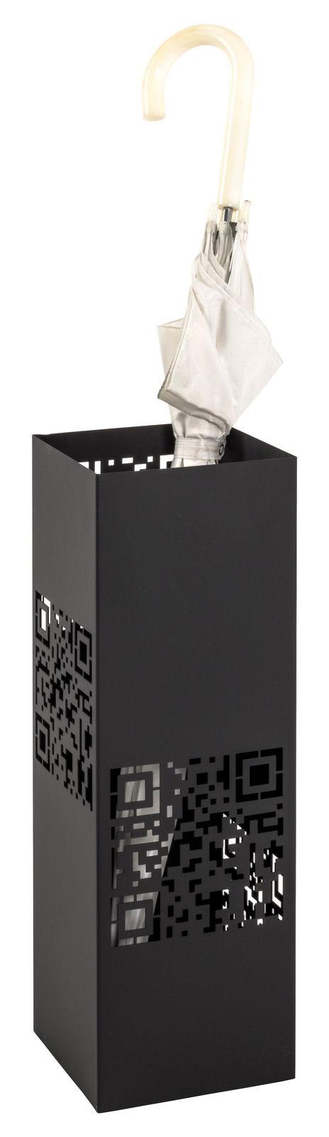 Schwarzer Schirmständer mit QR-Code-Design, frontal fotografiert, mit einem weißen Regenschirm darin.