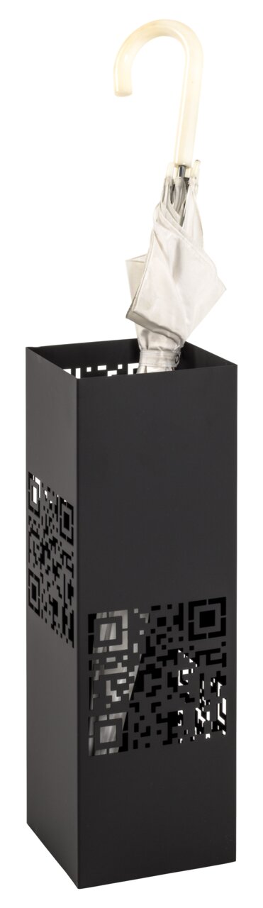 Zwarte paraplubak met QR-code-ontwerp, van voren gefotografeerd, met een witte paraplu erin.