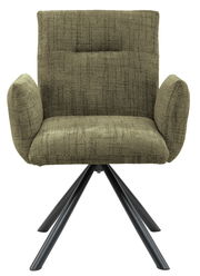Frontansicht eines modernen Armlehnstuhls mit olivgrünem Stoffbezug und schwarzen Metallbeinen.