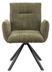 Frontansicht eines modernen Armlehnstuhls mit olivgrünem Stoffbezug und schwarzen Metallbeinen.