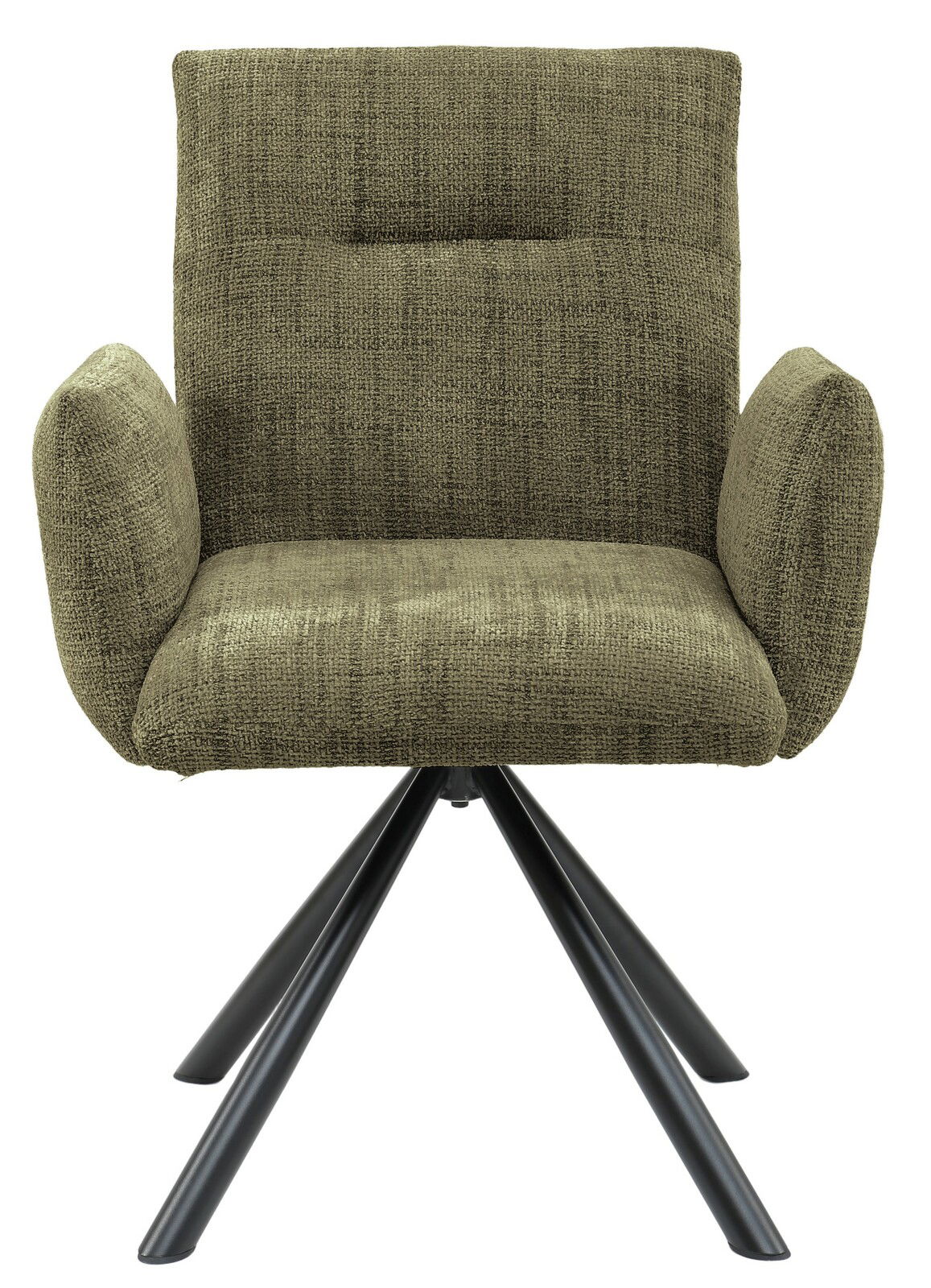 Frontansicht eines modernen Armlehnstuhls mit olivgrünem Stoffbezug und schwarzen Metallbeinen.