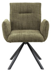 Vooraanzicht van een moderne fauteuil met olijfgroene stoffen bekleding en zwarte metalen poten.