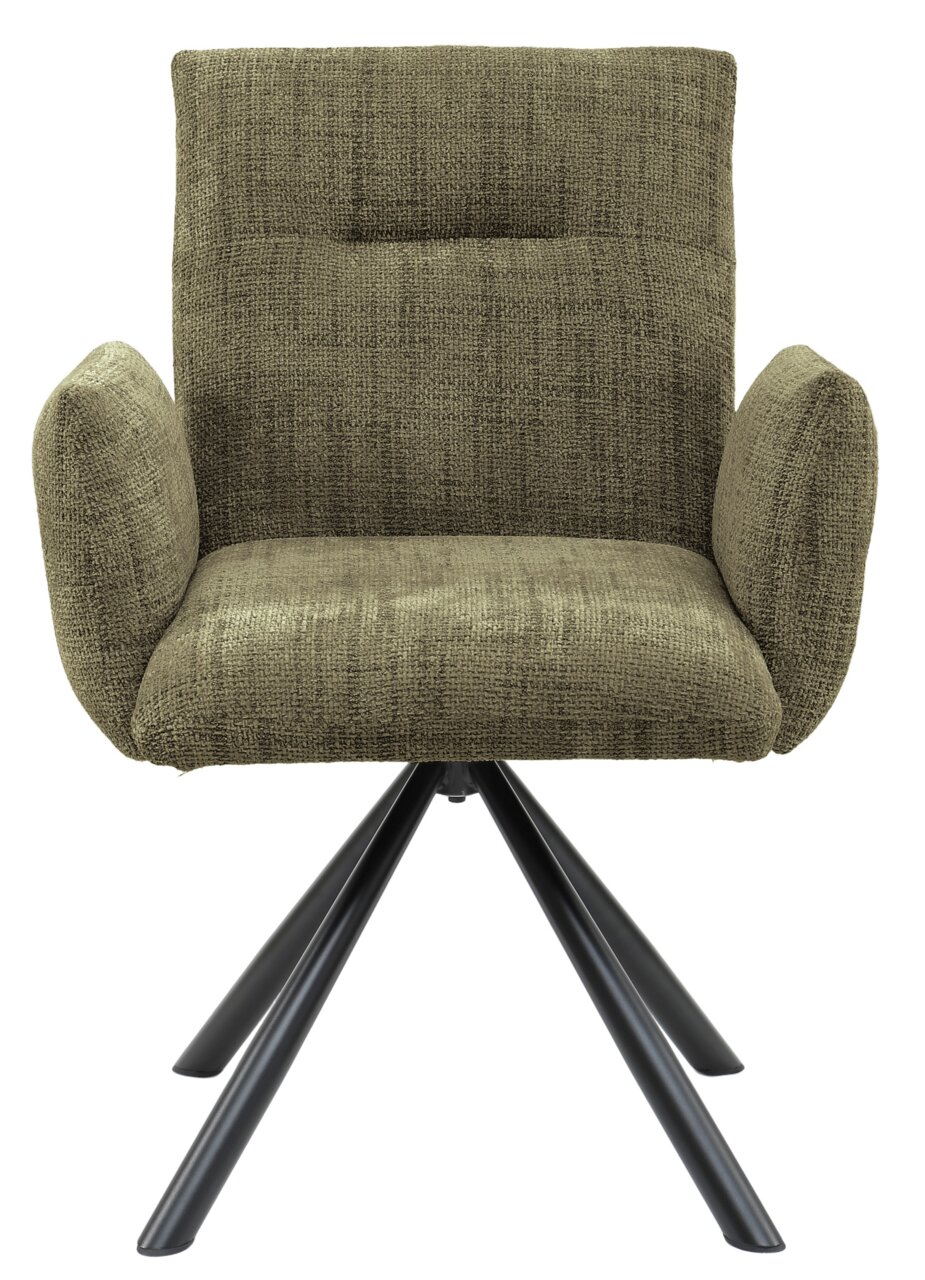 Vooraanzicht van een moderne fauteuil met olijfgroene stoffen bekleding en zwarte metalen poten.