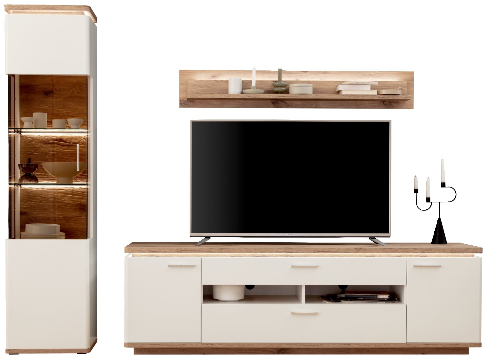 Wohnwand im modernen Design mit TV-Lowboard in Weiß und Holzoptik, Wandregal und hoher Vitrine mit Glasböden und LED-Beleuchtung, Frontansicht