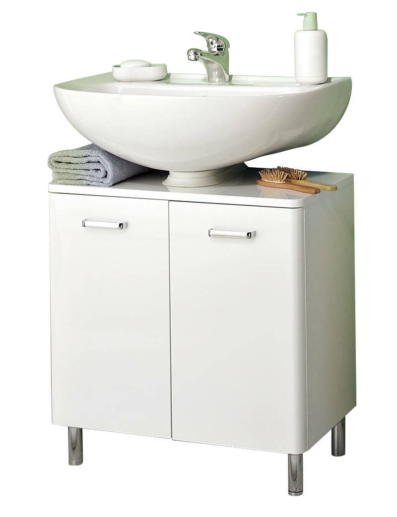 Moderner weißer Waschbeckenunterschrank mit zwei Türen, darauf ein rundes Waschbecken mit Armatur, Handtuch und Seifenspender, frontale Perspektive.