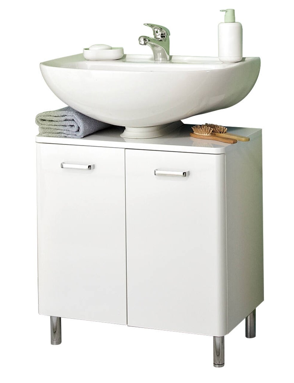 Moderner weißer Waschbeckenunterschrank mit zwei Türen, darauf ein rundes Waschbecken mit Armatur, Handtuch und Seifenspender, frontale Perspektive.