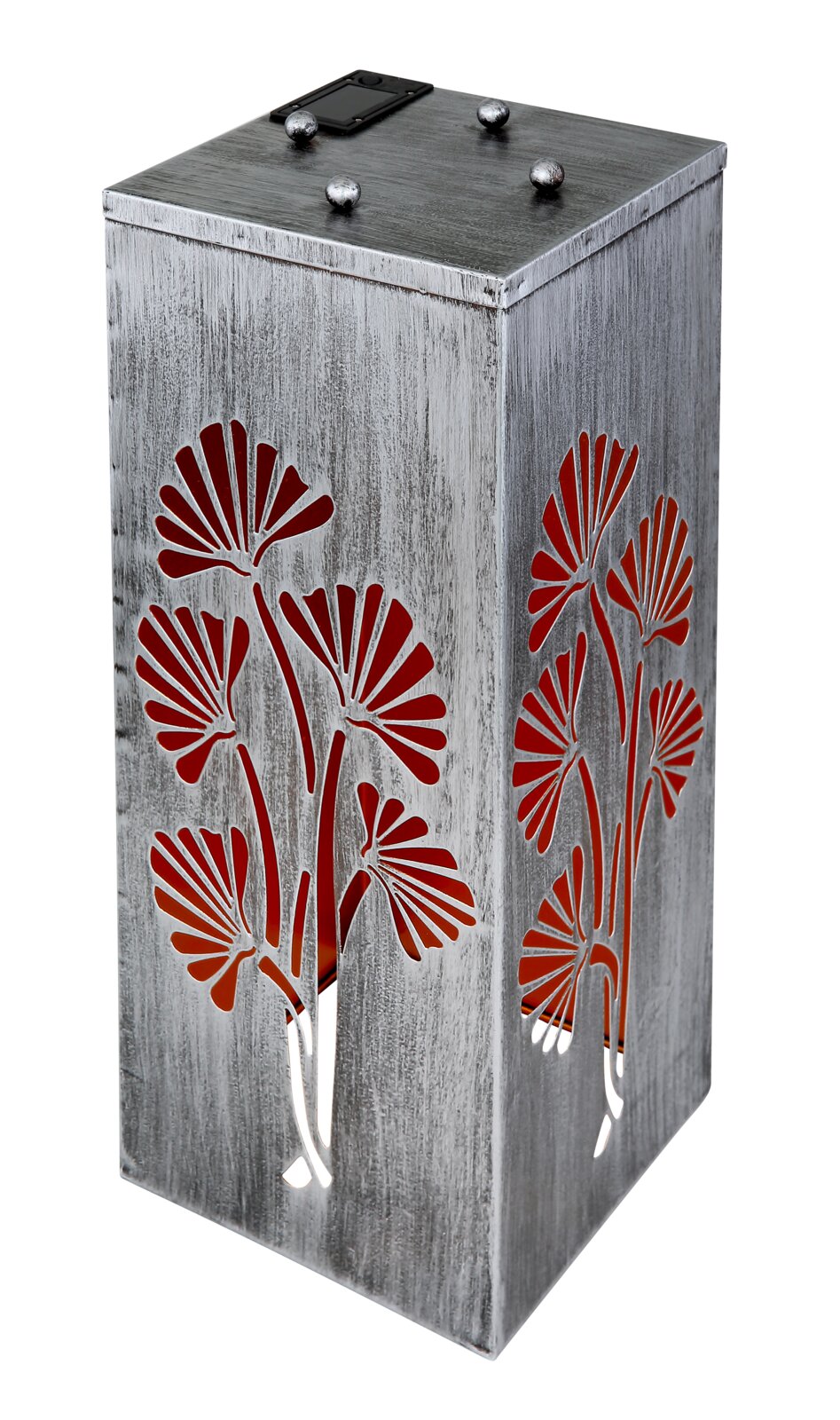 Silberne Solarleuchte mit floralem Muster, seitliche Perspektive