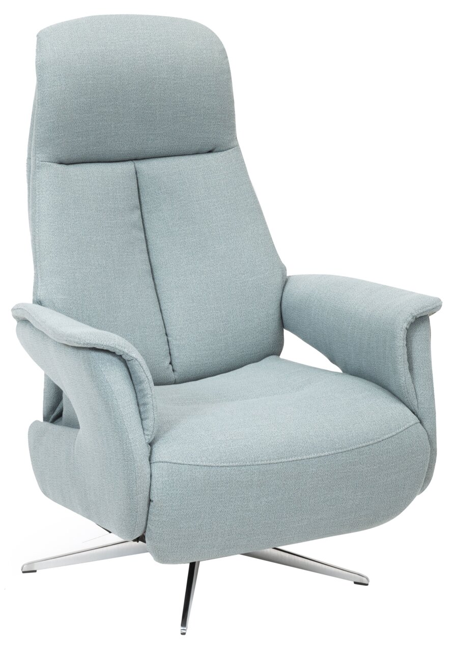 Welnova Relaxsessel 8103 SLIMLINE 2.0 Moderner hellblauer Relaxsessel mit hoher Rückenlehne und verchromtem Drehfuß, seitliche Perspektive.