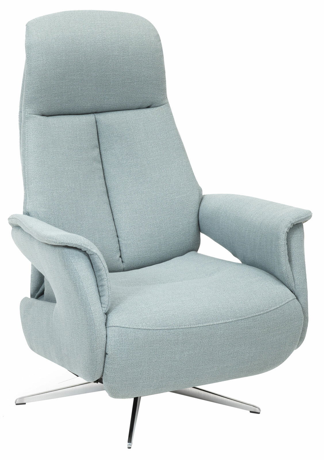Moderner hellblauer Relaxsessel mit hoher Rückenlehne und verchromtem Drehfuß, seitliche Perspektive.