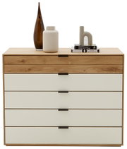 Frontale Ansicht eines modernen Sideboards mit Holz- und weißen Elementen, dekoriert mit Vasen und Büchern.