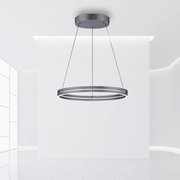 Moderne Pendelleuchte PURE-E-LOOP von Paul Neuhaus in einer minimalistischen, hellen Umgebung aus der Seitenperspektive.