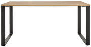 Moderner Schreibtisch mit Holzplatte und schwarzen Metallbeinen, Frontalansicht