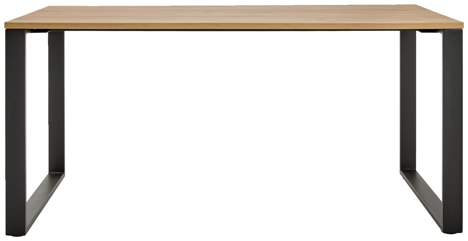Moderner Schreibtisch mit Holzplatte und schwarzen Metallbeinen, Frontalansicht