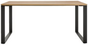 Moderner Schreibtisch mit Holzplatte und schwarzen Metallbeinen, Frontalansicht
