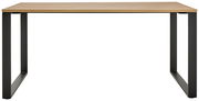 Moderner Schreibtisch mit Holzplatte und schwarzen Metallbeinen, Frontalansicht