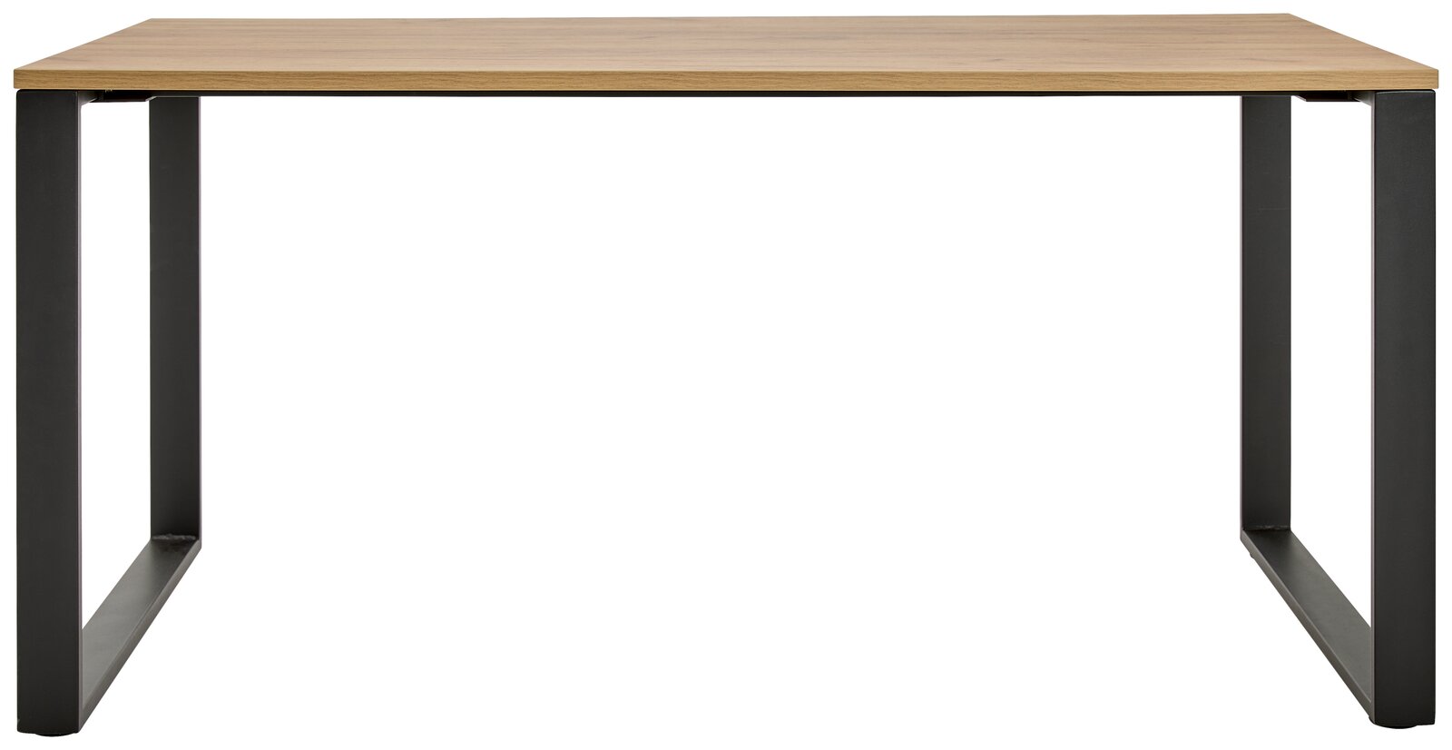 Moderner Schreibtisch mit Holzplatte und schwarzen Metallbeinen, Frontalansicht