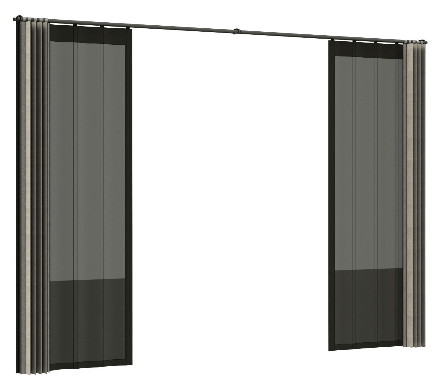 Vorhang Set in Schwarz und Grau, frontal fotografiert, bestehend aus zwei transparenten Paneelen an einer Gardinenstange.