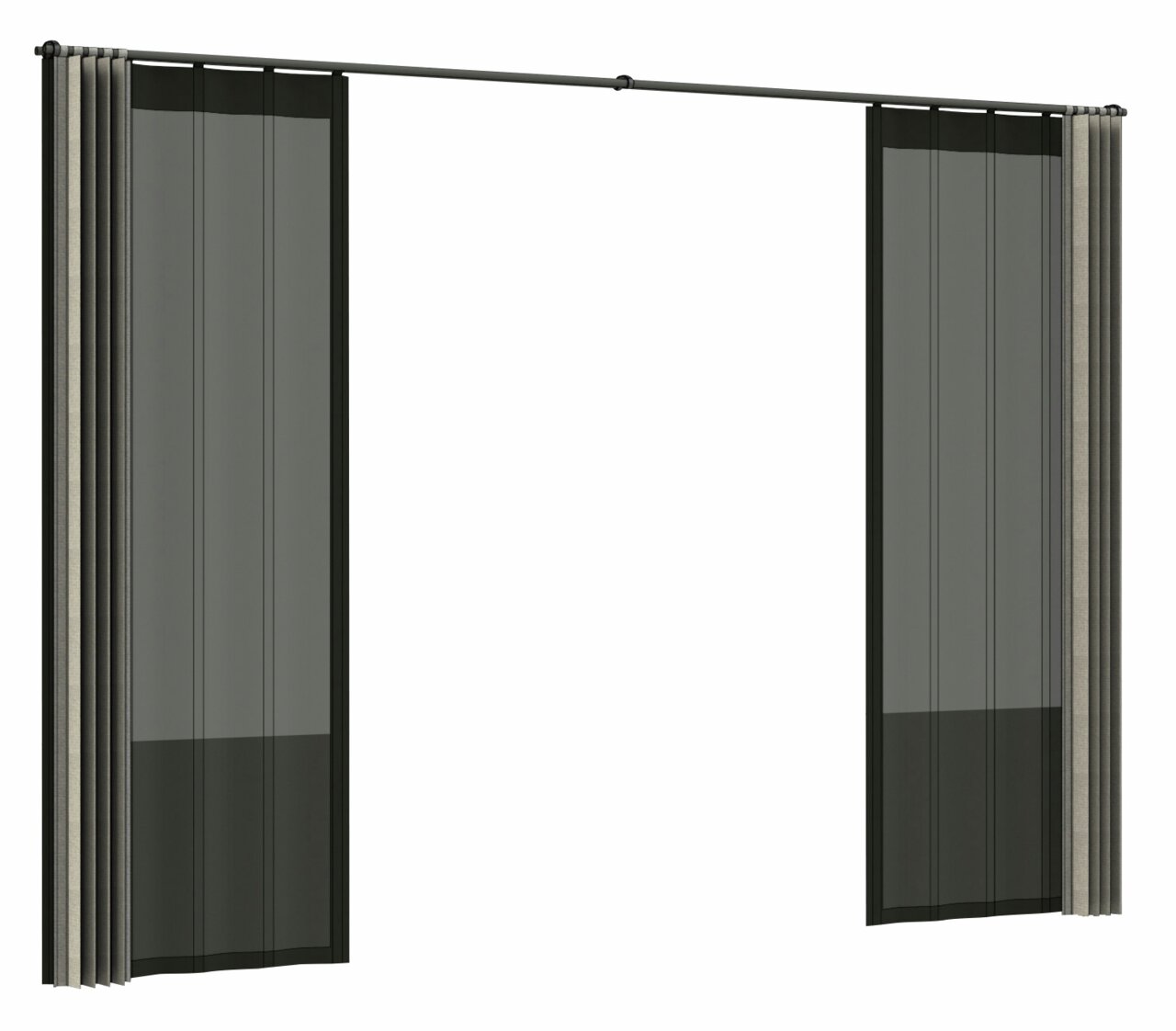 Gordijnset in zwart en grijs, van voren gefotografeerd, bestaande uit twee transparante panelen aan een gordijnroede.
