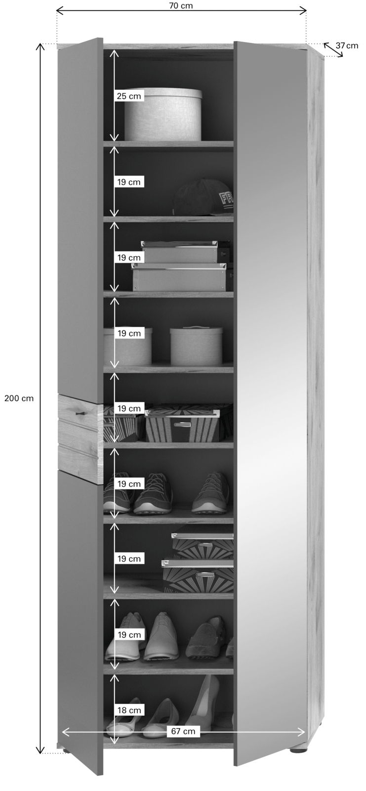 Garderobenkombination mit mehreren Regalfächern, ideal zur Aufbewahrung von Schuhen und Accessoires. Die Perspektive zeigt die Vorderansicht mit geöffneten Türen, die die Innenaufteilung sichtbar machen. Maße: 200 cm hoch, 70 cm breit, 37 cm tief.
