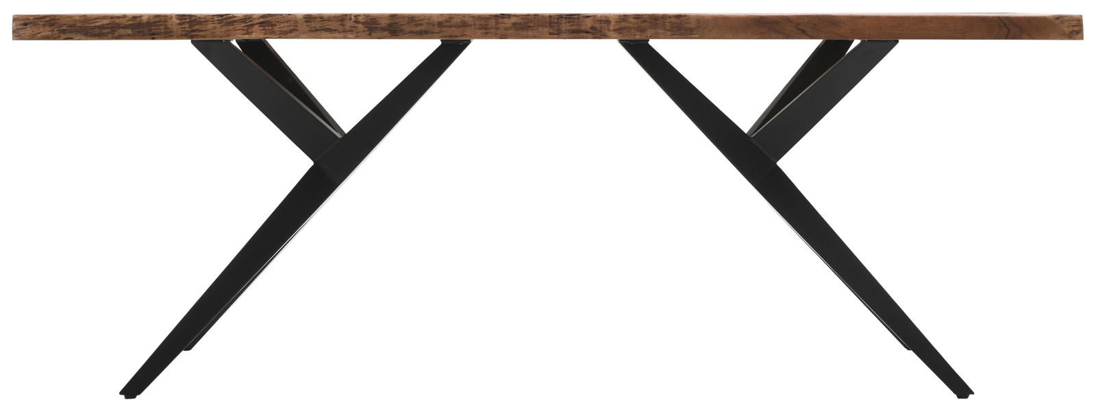 Moderner Esstisch mit dunkler Holzplatte und schwarzen Metallbeinen, Seitenansicht.