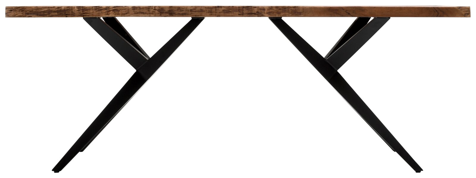 Moderner Esstisch mit dunkler Holzplatte und schwarzen Metallbeinen, Seitenansicht.