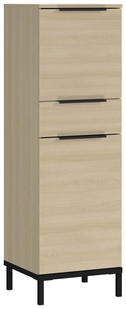 Moderner Mediumschrank aus hellem Holz mit drei Schubladen und schwarzen Griffen, seitliche Perspektive
