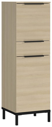 Moderner Mediumschrank aus hellem Holz mit drei Schubladen und schwarzen Griffen, seitliche Perspektive