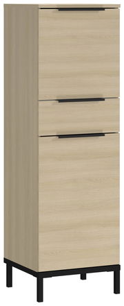 Moderner Mediumschrank aus hellem Holz mit drei Schubladen und schwarzen Griffen, seitliche Perspektive