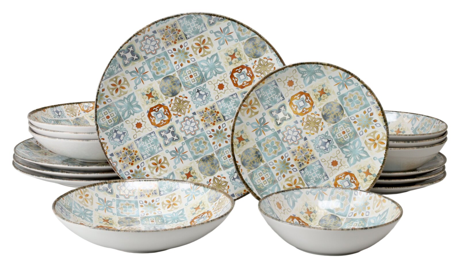 Keramik-Geschirrset mit buntem mediterranem Fliesenmuster in Blau, Beige und Orange, bestehend aus Tellern und Schalen, frontal in leichter Schrägansicht fotografiert