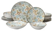 Keramik-Geschirrset mit buntem mediterranem Fliesenmuster in Blau, Beige und Orange, bestehend aus Tellern und Schalen, frontal in leichter Schrägansicht fotografiert