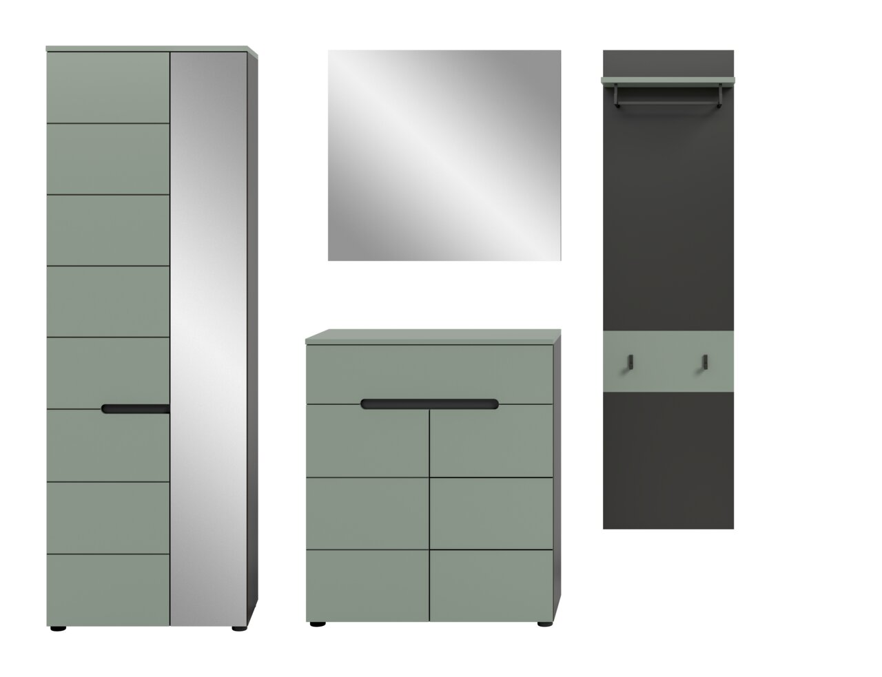 Modernes Badmöbel-Set in Salbeigrün und Anthrazit mit Hochschrank, Unterschrank, Spiegel und Wandgarderobe; Ansicht von vorn, teils leicht seitlich