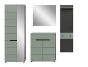 Modernes Badmöbel-Set in Salbeigrün und Anthrazit mit Hochschrank, Unterschrank, Spiegel und Wandgarderobe; Ansicht von vorn, teils leicht seitlich
