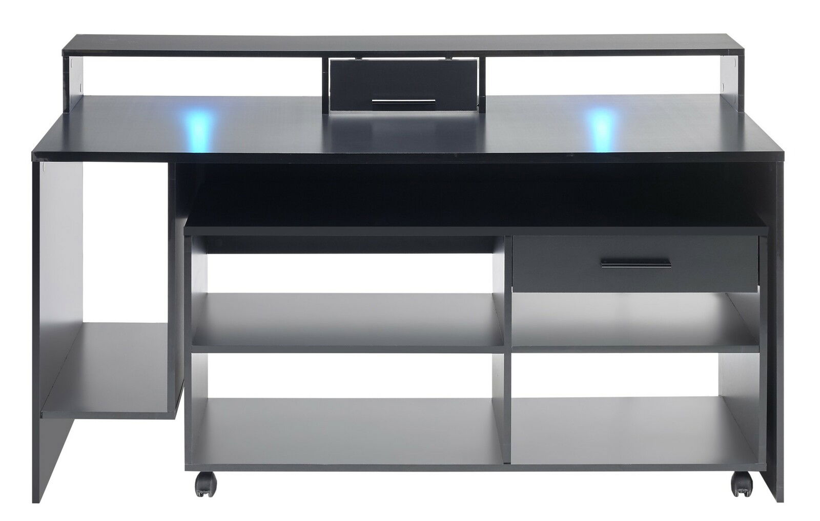 Moderner Gaming-Schreibtisch mit mehreren Ablageflächen und Schublade, frontal betrachtet.