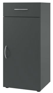 Moderner, grauer Schuhschrank mit einer Schublade und einer Tür, frontal abgebildet.